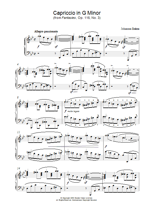 Johannes Brahms Capriccio in G Minor (from Fantasies, Op. 116, No. 3) sheet music notes and chords arranged for Piano Solo