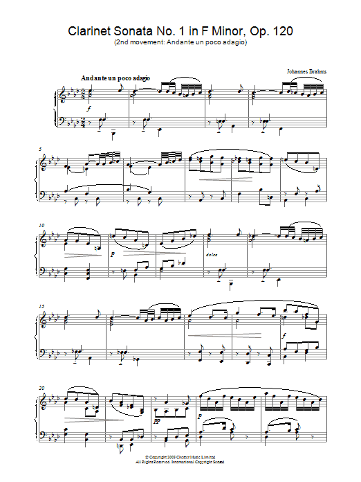 Johannes Brahms Clarinet Sonata No.1 in F Minor, Op. 120 (2nd movement: Andante un poco adagio) sheet music notes and chords. Download Printable PDF.