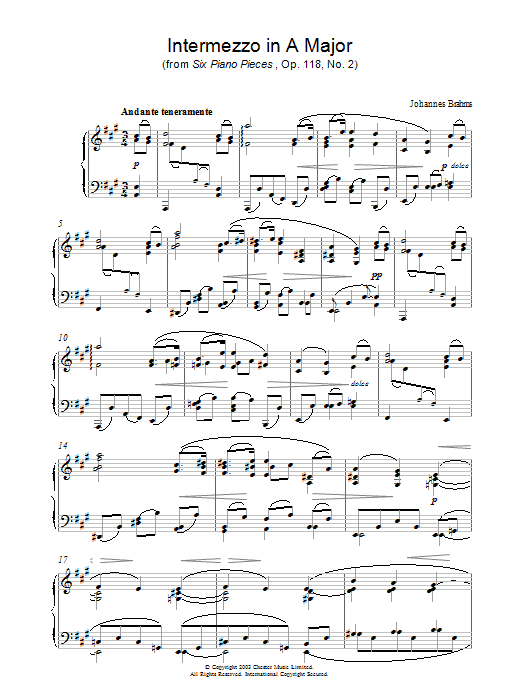 Johannes Brahms Intermezzo in A Major (from Six Piano Pieces, Op. 118, No. 2) sheet music notes and chords. Download Printable PDF.