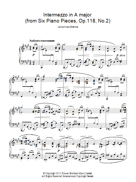 Johannes Brahms Intermezzo In A Major, Op. 118, No. 2 sheet music notes and chords arranged for Piano Solo