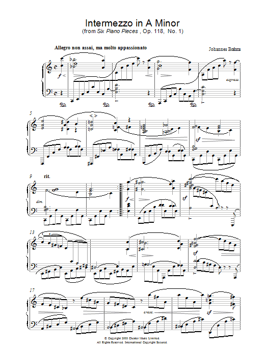 Johannes Brahms Intermezzo in A Minor (from Six Piano Pieces, Op. 118, No. 1) sheet music notes and chords. Download Printable PDF.