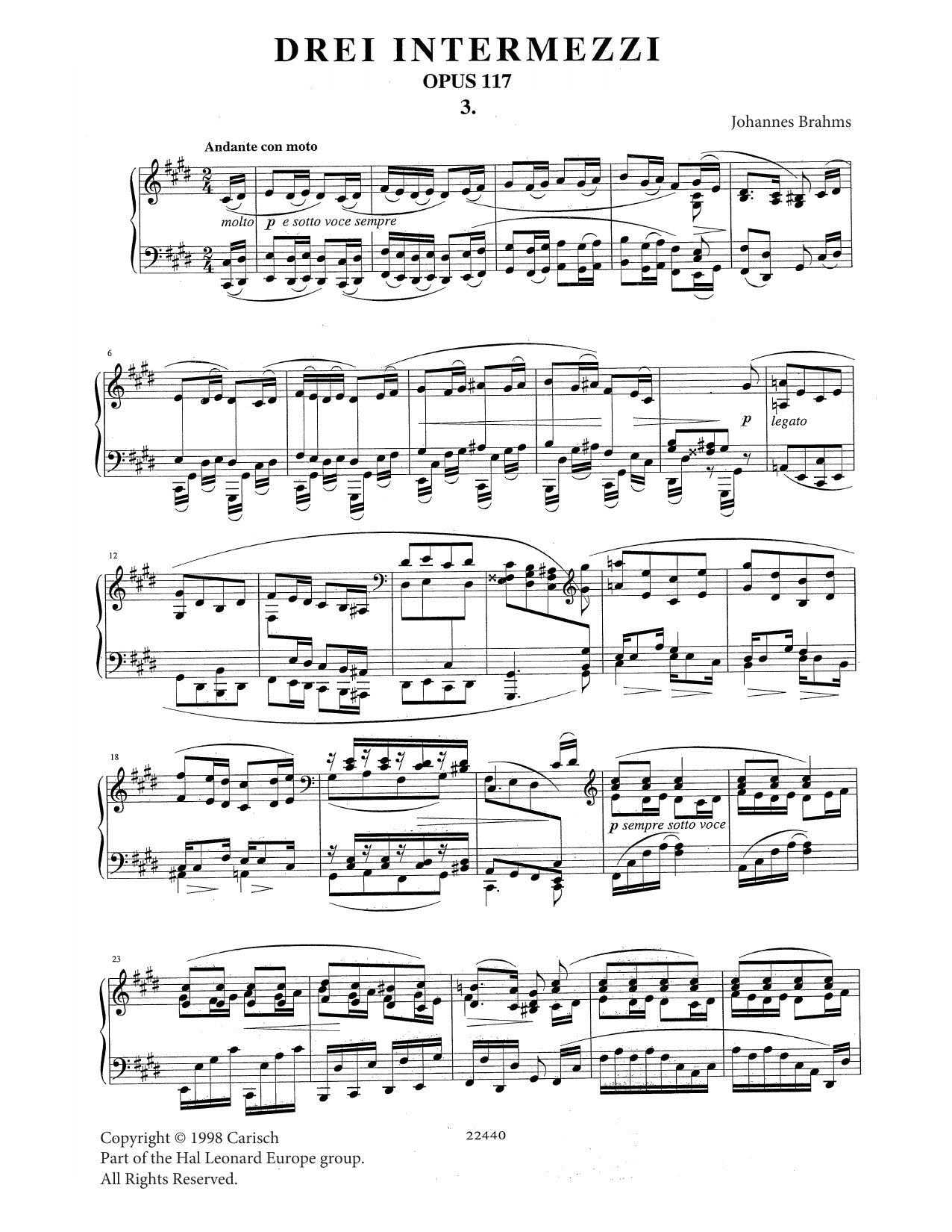 Johannes Brahms Intermezzo in C Sharp Minor Op. 117 No. 3 sheet music notes and chords. Download Printable PDF.