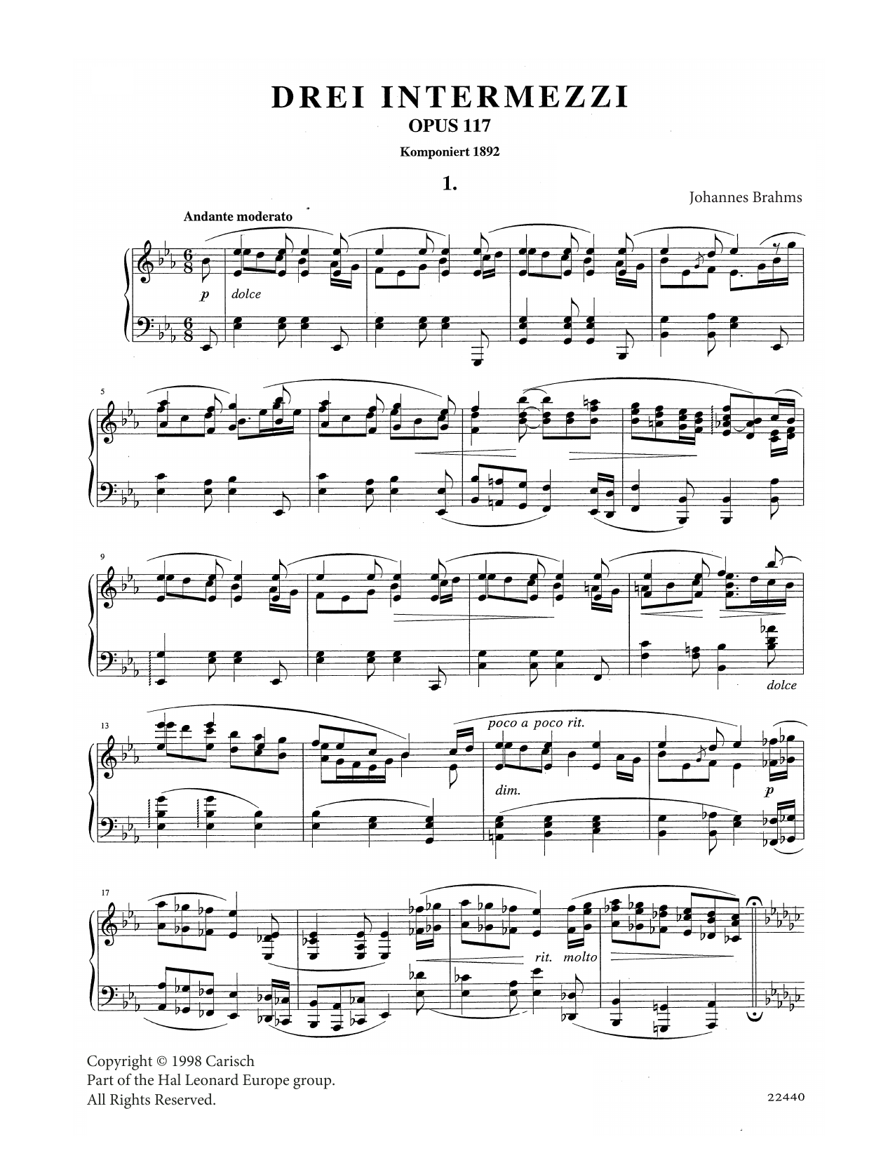 Johannes Brahms Intermezzo in E Flat Major Op. 117 No. 1 sheet music notes and chords. Download Printable PDF.