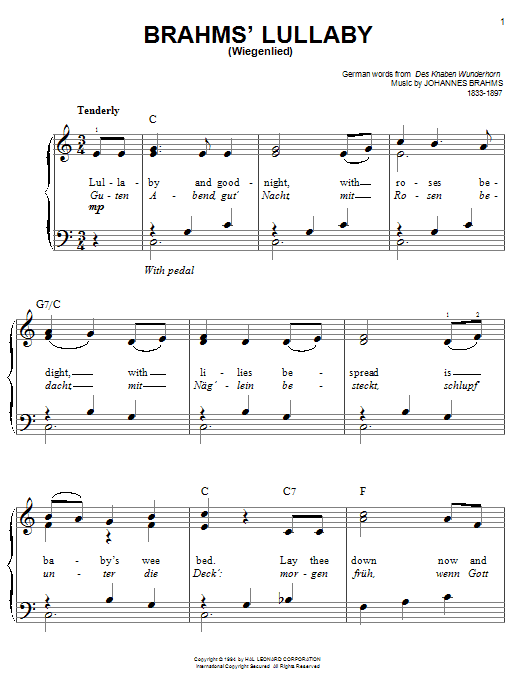 Johannes Brahms Lullaby (Cradle Song) sheet music notes and chords. Download Printable PDF.