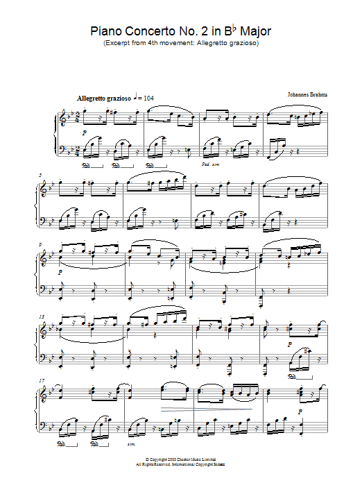 Johannes Brahms Piano Concerto No. 2 in B Flat Major (Excerpt from 4th movement: Allegretto grazioso) sheet music notes and chords arranged for Piano Solo