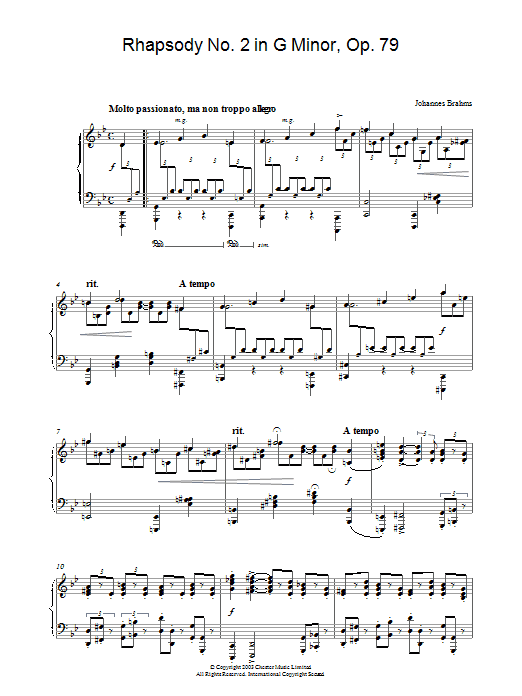 Johannes Brahms Rhapsody No. 2 in G Minor, Op. 79 sheet music notes and chords. Download Printable PDF.