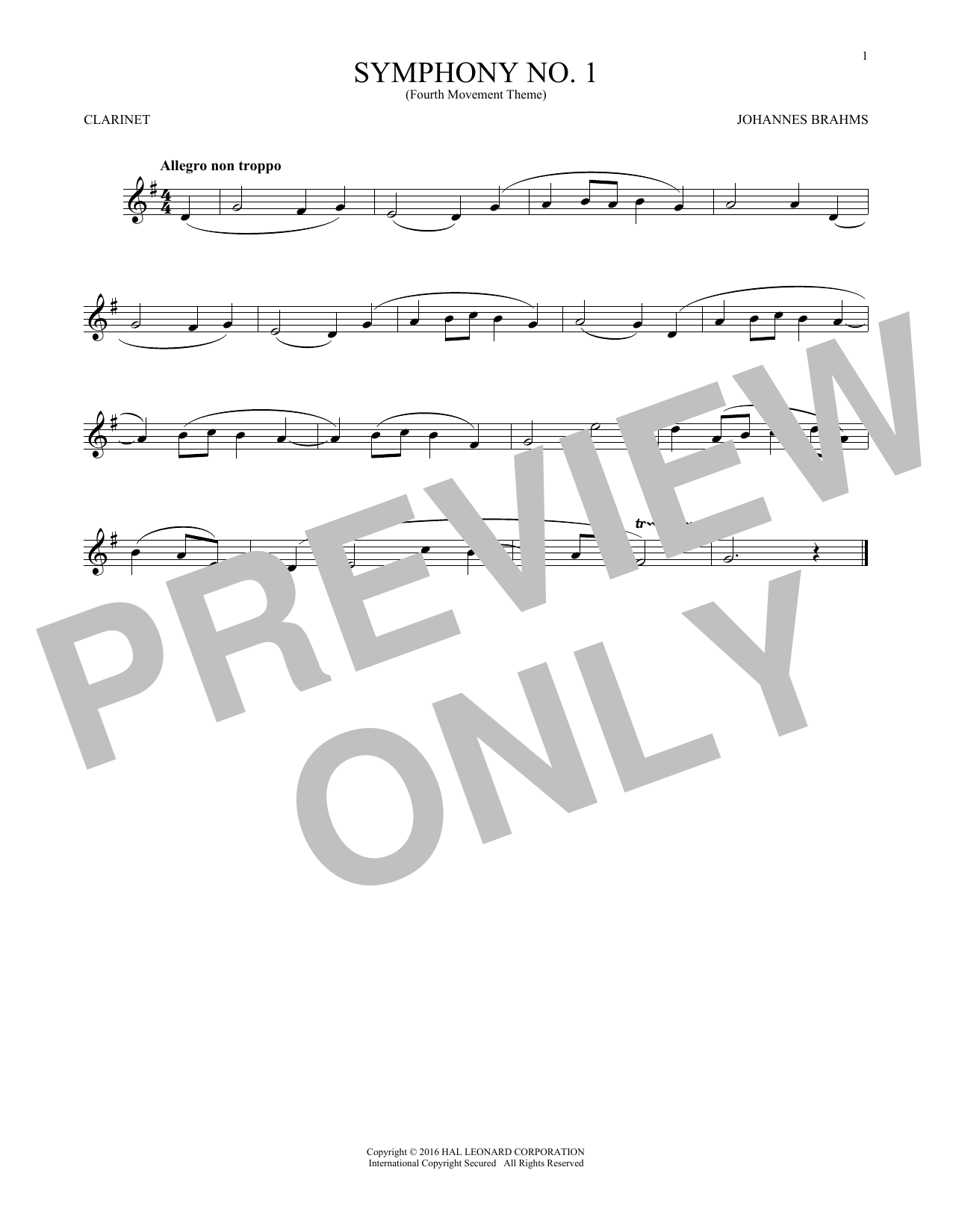 Johannes Brahms Symphony No. 1 In C Minor, Fourth Movement Excerpt sheet music notes and chords. Download Printable PDF.