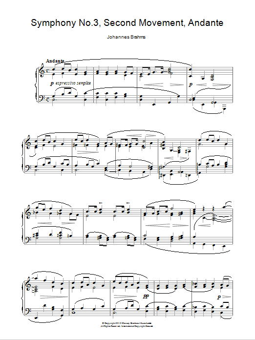 Johannes Brahms Symphony No.3, Andante sheet music notes and chords arranged for Piano Solo