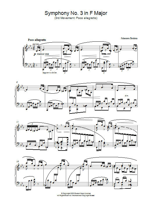 Johannes Brahms Symphony No. 3 in F Major (3rd movement: Poco allegretto) sheet music notes and chords. Download Printable PDF.