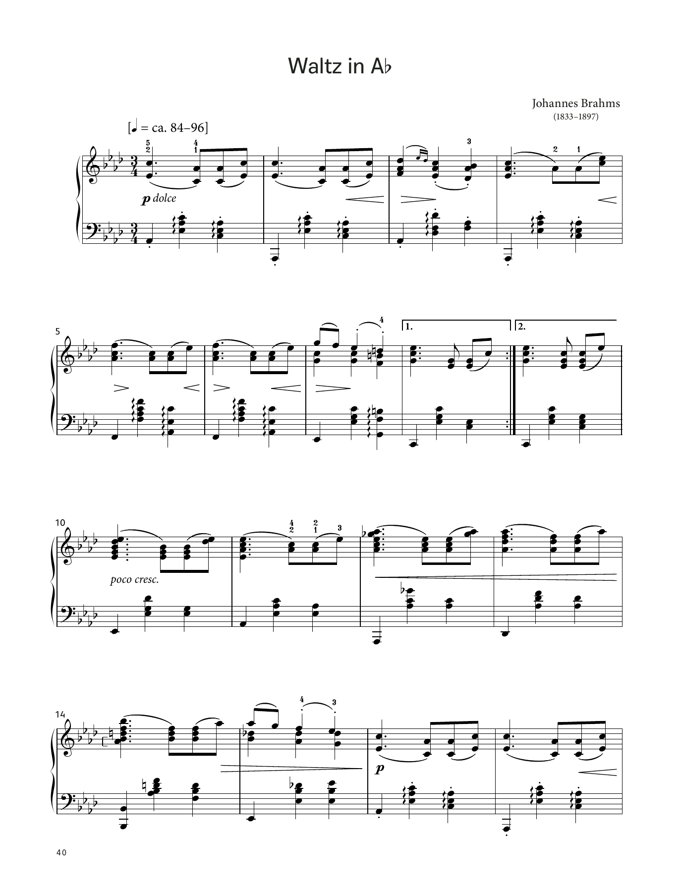 Learn to play Johannes Brahms Waltz in A‑flat, Op. 39 No. 15 (LCME Piano 2018 Grade 6 List B) sheet music for Piano Solo in minutes. Price: 4.4900$ Johannes Brahms Waltz in A‑flat, Op. 39 No. 15 (LCME Piano 2018 Grade 6 List B) sheet music notes and chords arranged for Piano Solo