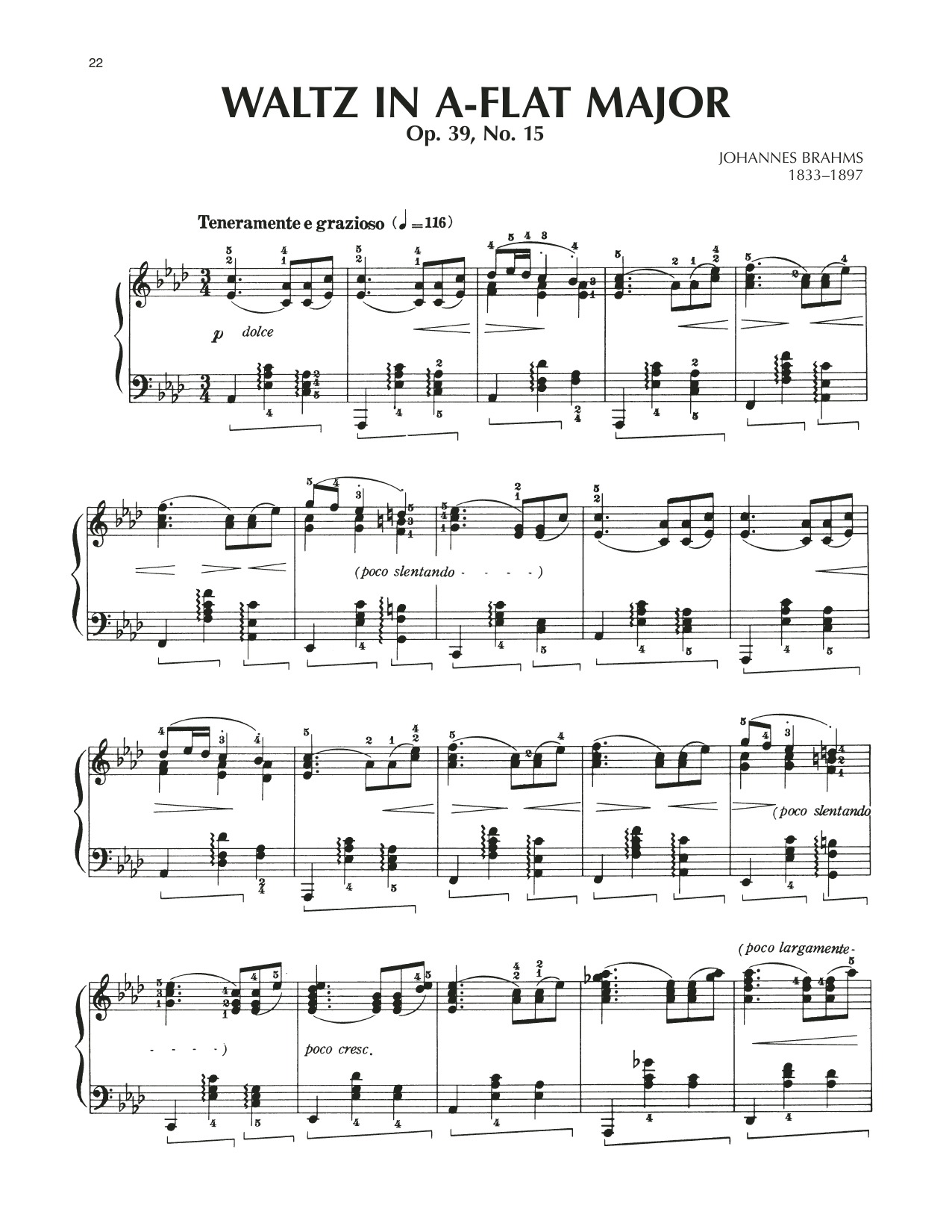 Johannes Brahms Waltz In A-Flat Major, Op. 39, No. 15 sheet music notes and chords. Download Printable PDF.