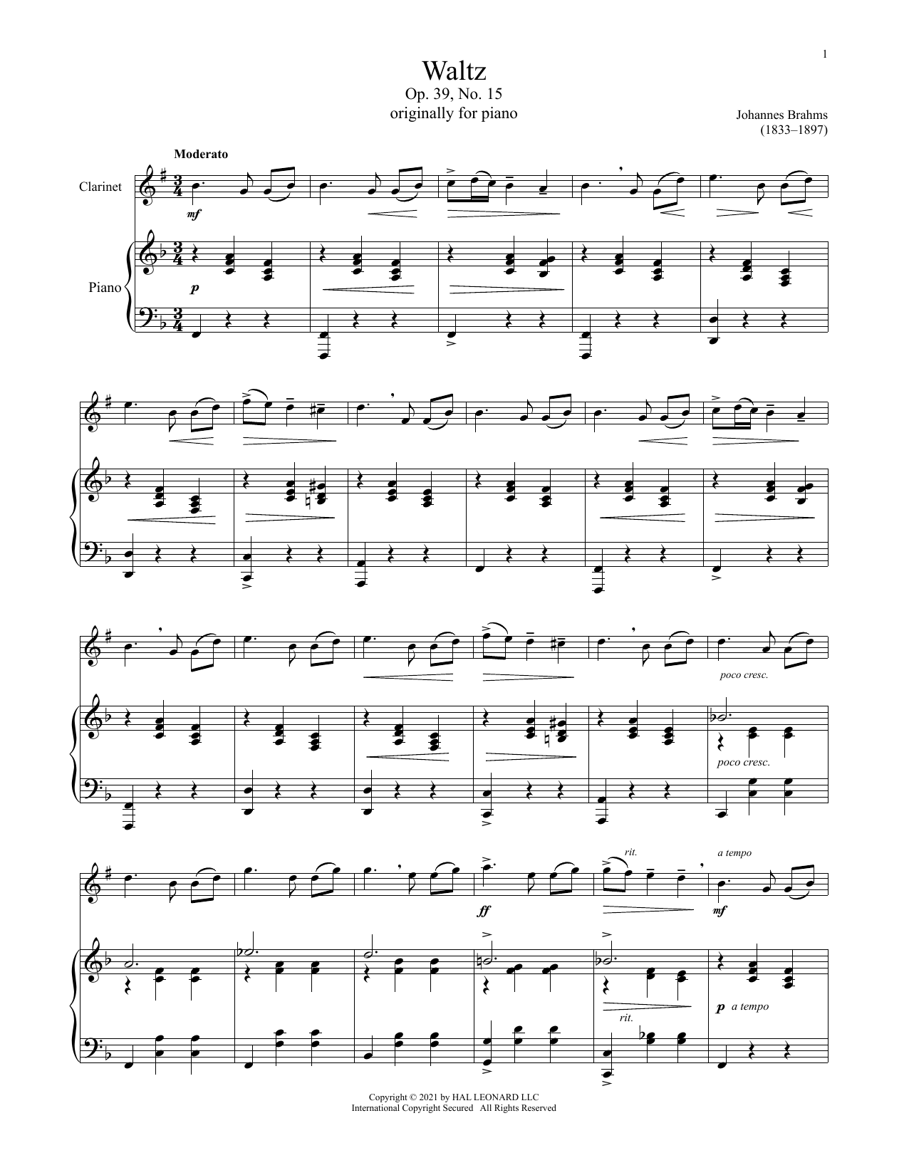 Johannes Brahms Waltz In A Major, Op. 39, No. 15 sheet music notes and chords. Download Printable PDF.