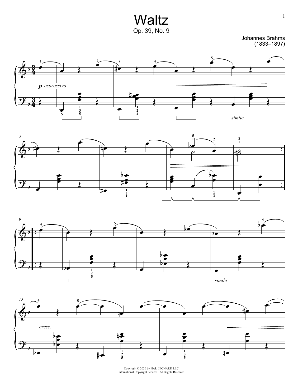 Johannes Brahms Waltz, Op. 39, No. 9 sheet music notes and chords. Download Printable PDF.