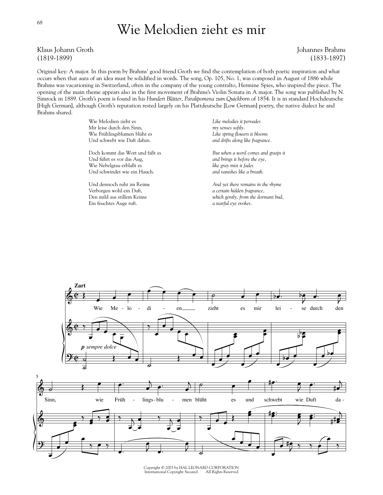 Johannes Brahms Wie Melodien Zieht Es Mir, Op. 105, No. 1 sheet music notes and chords. Download Printable PDF.