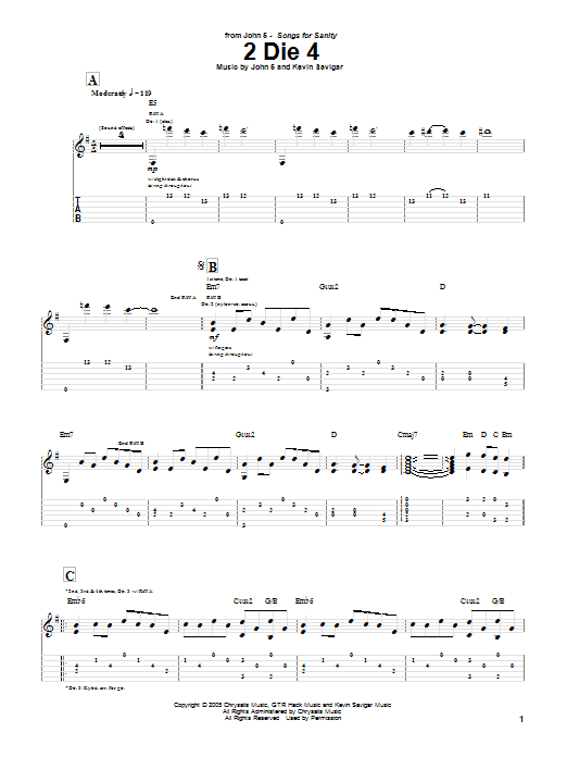 Learn to play John 5 2 Die 4 sheet music for Guitar Tab in minutes. Price: 7.8900$ John 5 2 Die 4 sheet music notes and chords arranged for Guitar Tab
