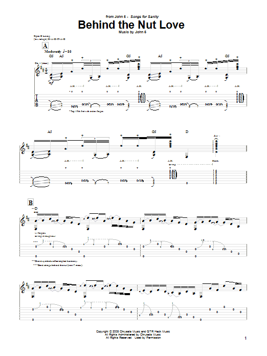 Learn to play John 5 Behind The Nut Love sheet music for Guitar Tab in minutes. Price: 7.8900$ John 5 Behind The Nut Love sheet music notes and chords arranged for Guitar Tab