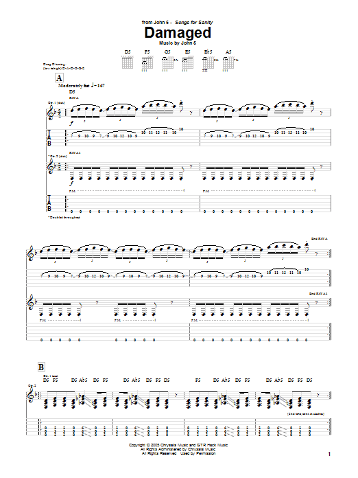 Learn to play John 5 Damaged sheet music for Guitar Tab in minutes. Price: 7.8900$ John 5 Damaged sheet music notes and chords arranged for Guitar Tab