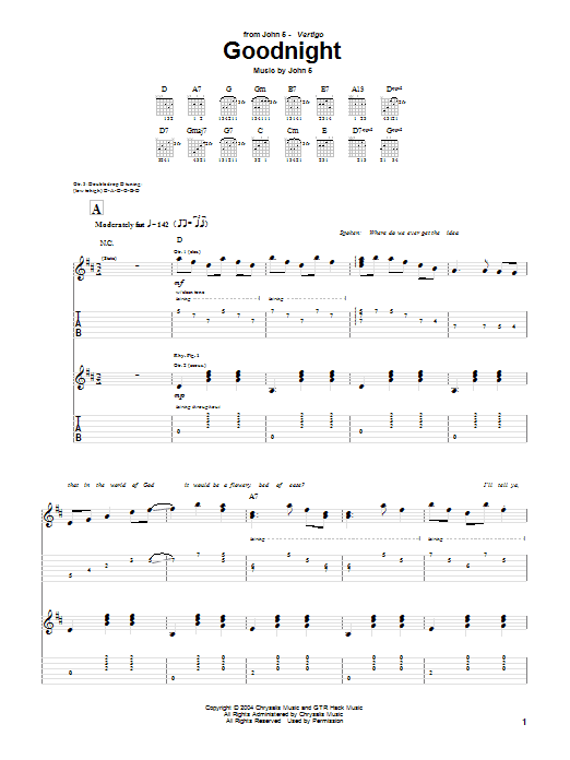Learn to play John 5 Goodnight sheet music for Guitar Tab in minutes. Price: 7.8900$ John 5 Goodnight sheet music notes and chords arranged for Guitar Tab