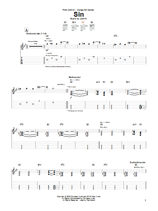 John 5 Sin sheet music notes and chords arranged for Guitar Tab