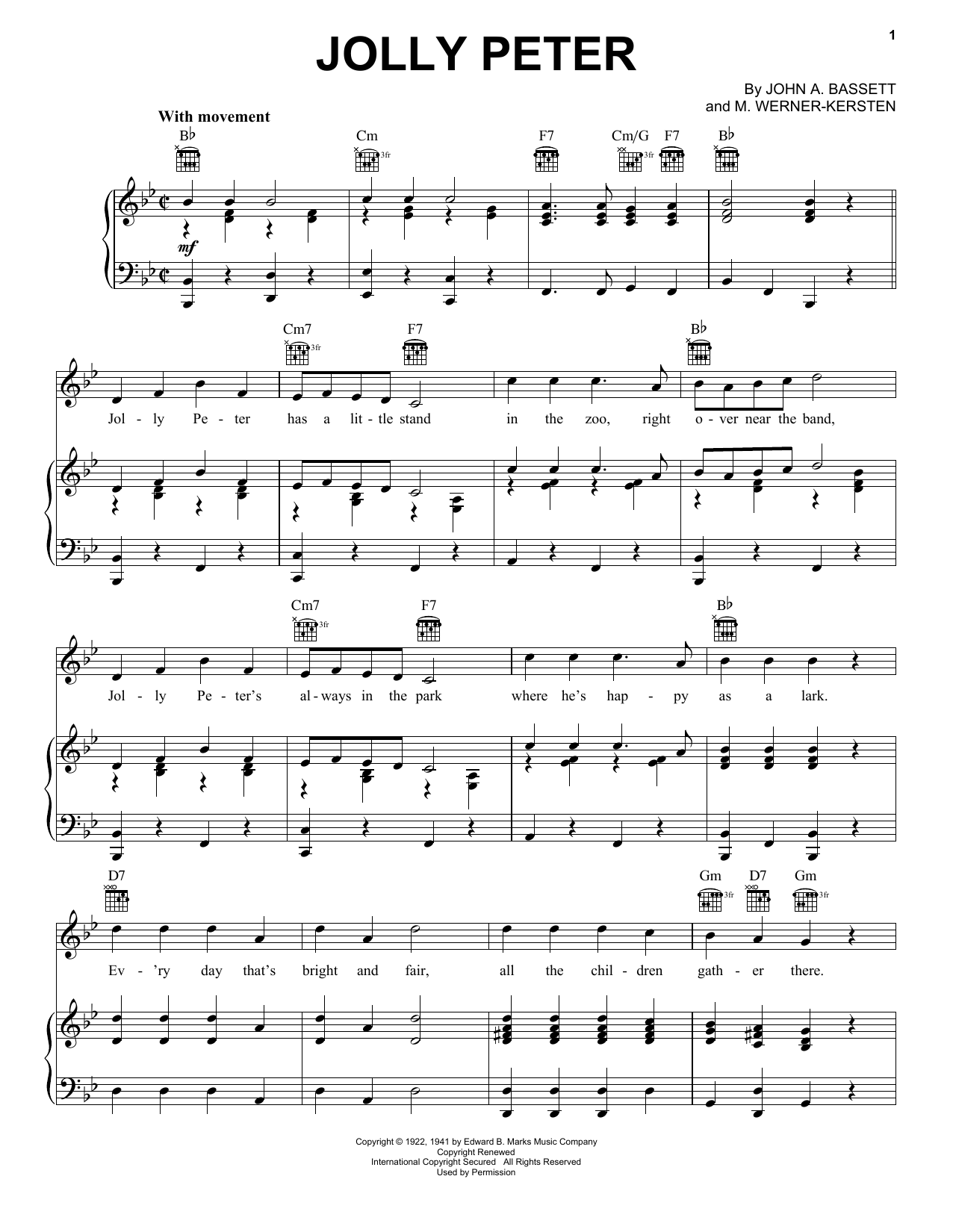 Learn to play John A. Bassett Jolly Peter sheet music for Piano, Vocal & Guitar Chords (Right-Hand Melody) in minutes. Price: 7.8900$ John A. Bassett Jolly Peter sheet music notes and chords arranged for Piano, Vocal & Guitar Chords (Right-Hand Melody)