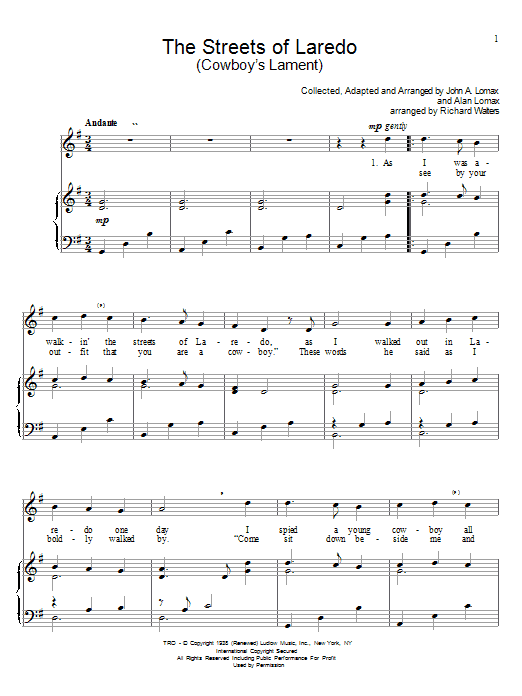 Learn to play John A. Lomax The Streets Of Laredo sheet music for Piano & Vocal in minutes. Price: 7.8900$ John A. Lomax The Streets Of Laredo sheet music notes and chords arranged for Piano & Vocal
