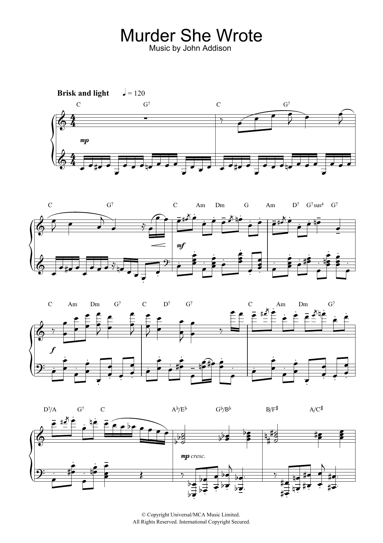 John Addison Murder, She Wrote sheet music notes and chords. Download Printable PDF.