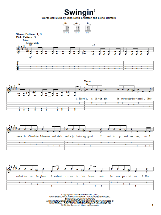 John Anderson Swingin' sheet music notes and chords. Download Printable PDF.