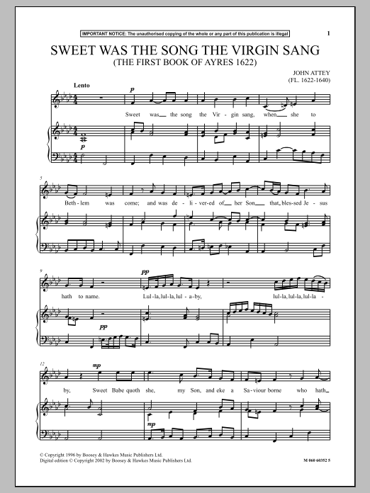 John Attey Sweet Was The Song The Virgin Sang (The First Book Of Ayres 1622) sheet music notes and chords. Download Printable PDF.