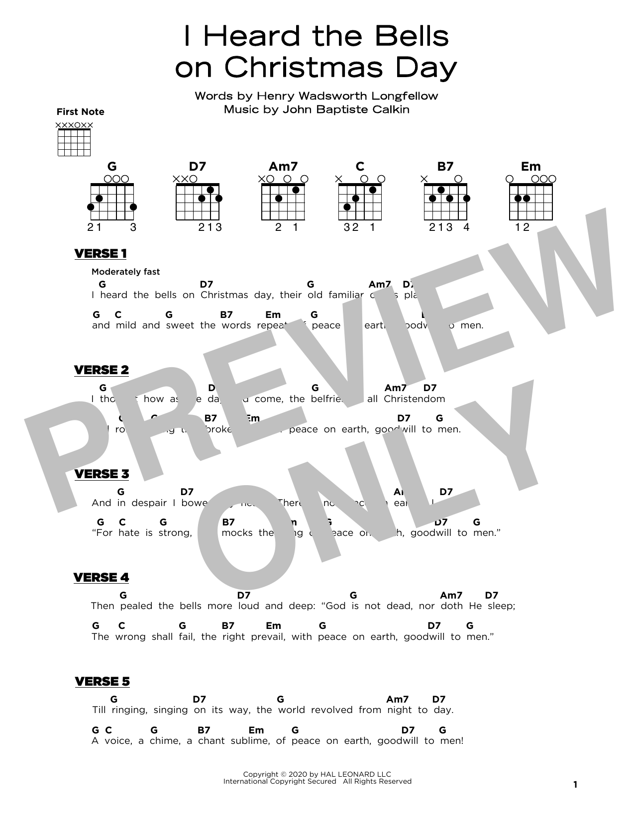Learn to play John Baptiste Calkin I Heard The Bells On Christmas Day sheet music for Really Easy Guitar in minutes. Price: 5.9900$ John Baptiste Calkin I Heard The Bells On Christmas Day sheet music notes and chords arranged for Really Easy Guitar