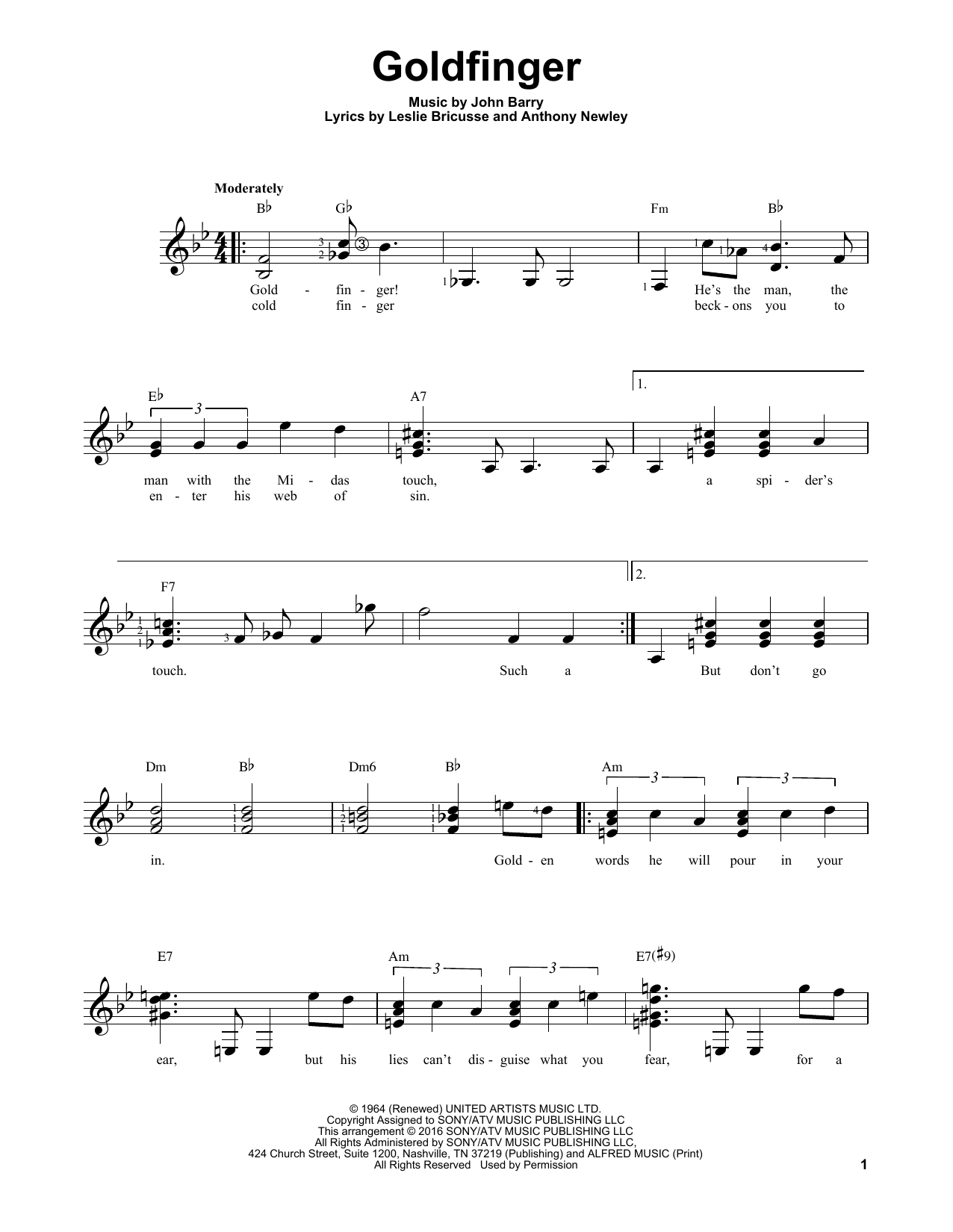 John Barry Goldfinger sheet music notes and chords. Download Printable PDF.