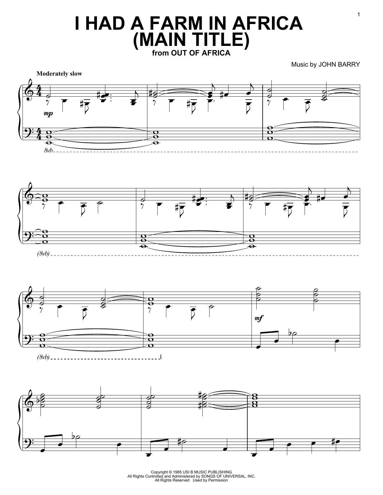 John Barry I Had A Farm In Africa (Main Title from Out Of Africa) sheet music notes and chords. Download Printable PDF.