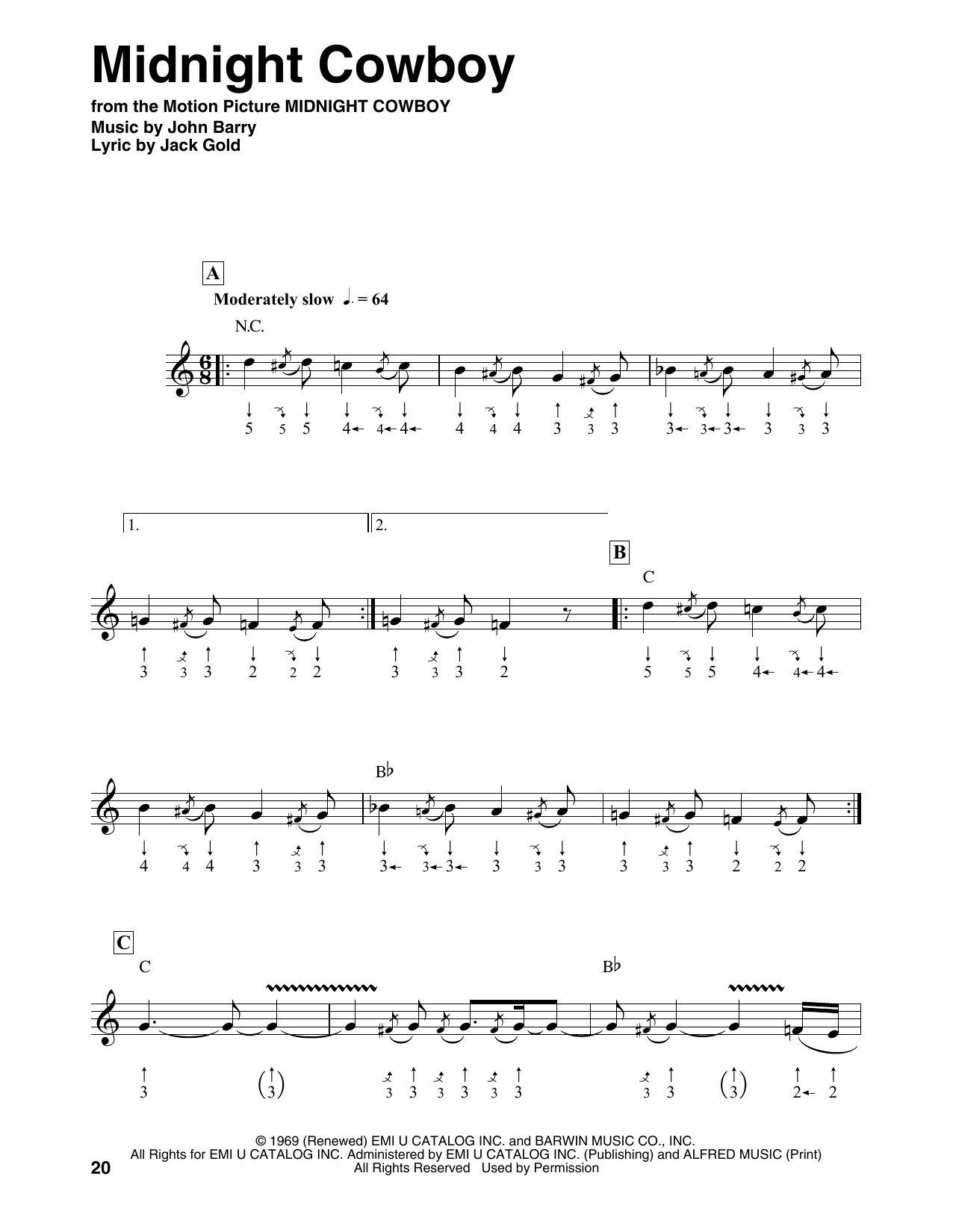 John Barry Midnight Cowboy sheet music notes and chords. Download Printable PDF.