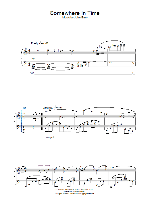 John Barry Somewhere In Time sheet music notes and chords. Download Printable PDF.