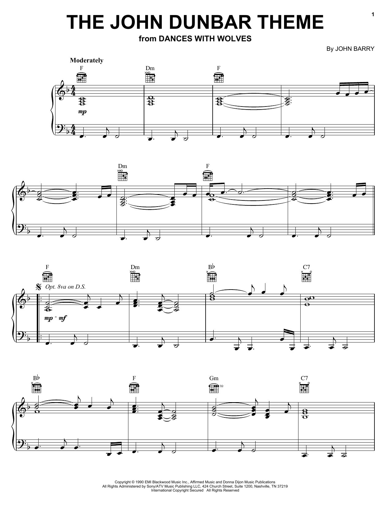 John Barry The John Dunbar Theme (from Dances With Wolves) sheet music notes and chords. Download Printable PDF.