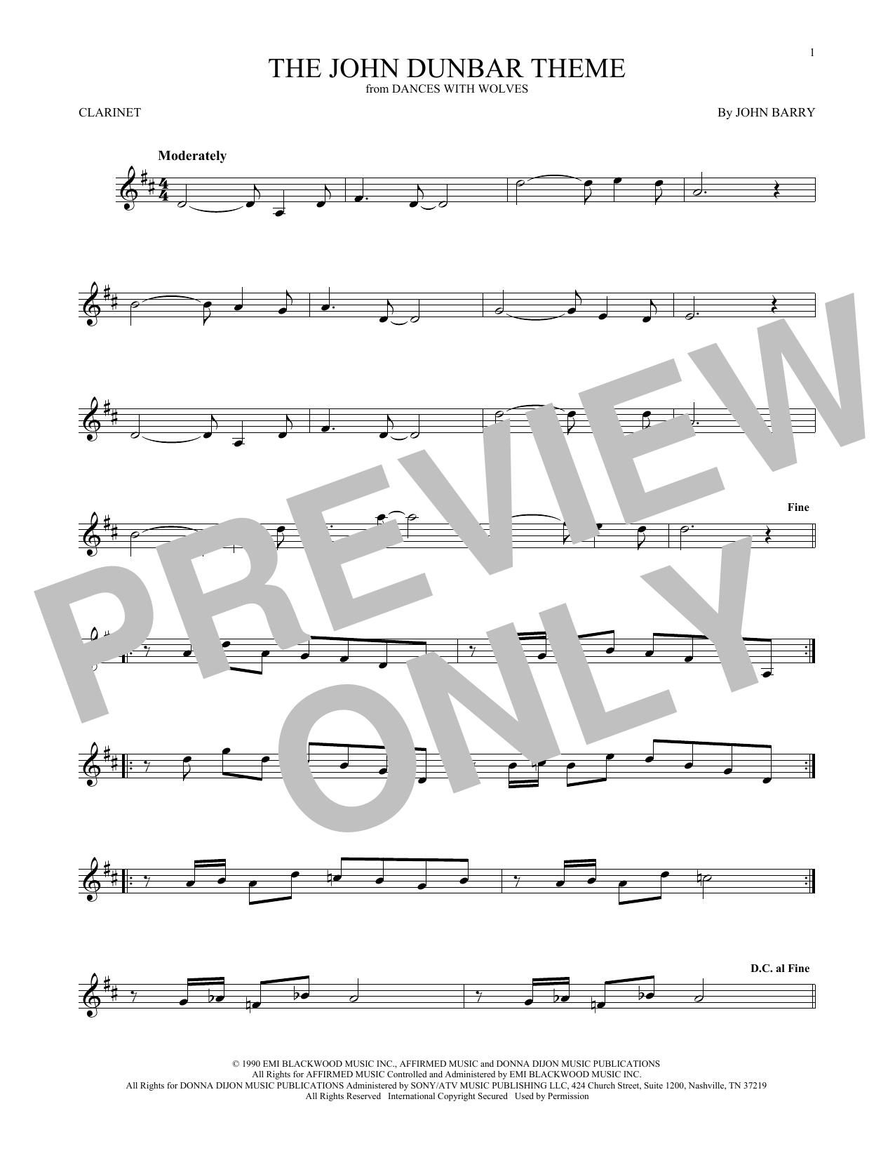 John Barry The John Dunbar Theme sheet music notes and chords. Download Printable PDF.