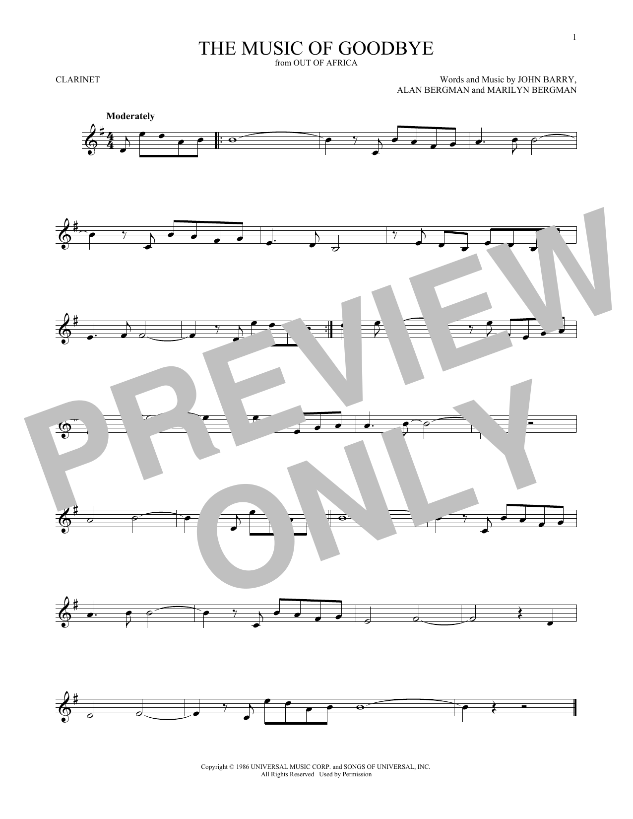 John Barry The Music Of Goodbye sheet music notes and chords. Download Printable PDF.