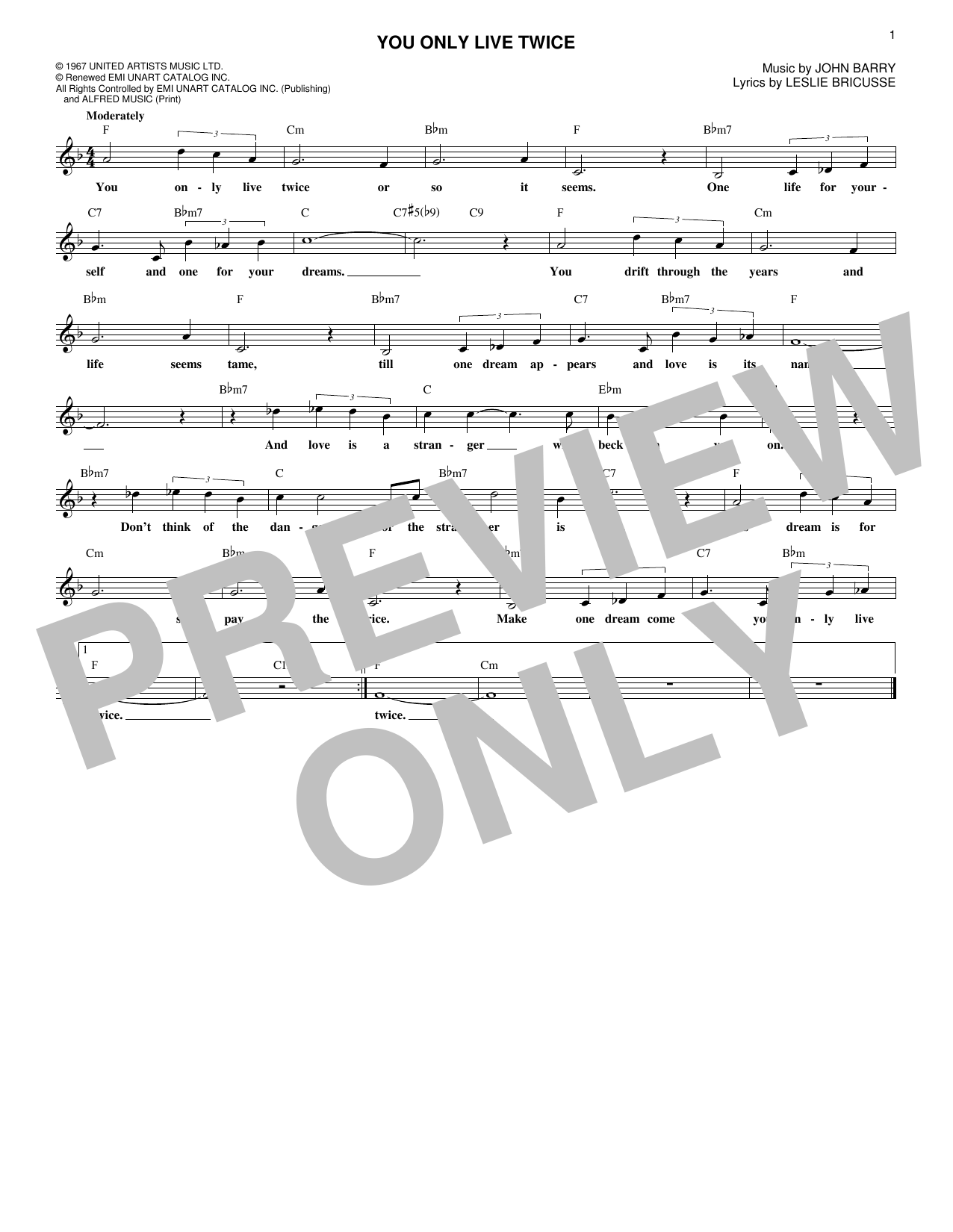 Nancy Sinatra You Only Live Twice (theme from the James Bond film) sheet music notes and chords. Download Printable PDF.