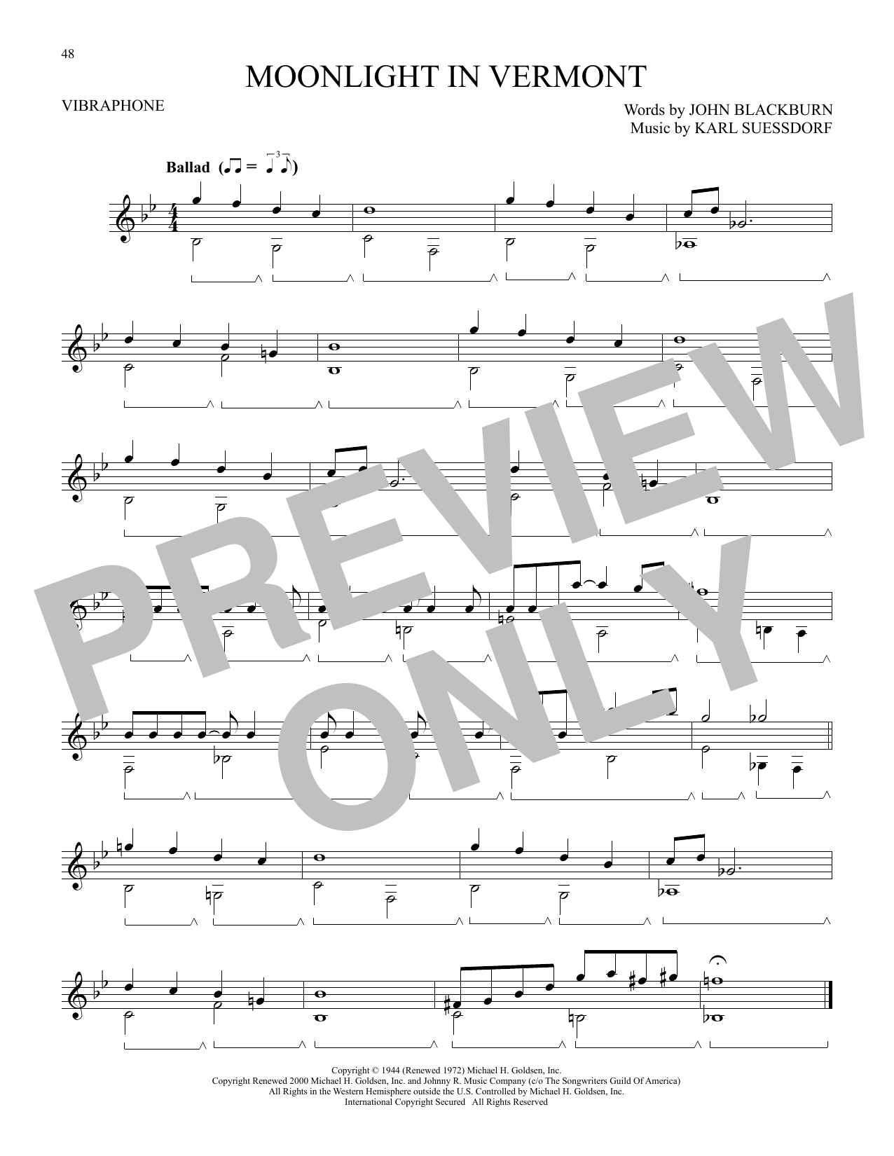 Learn to play John Blackburn and Karl Suessdorf Moonlight In Vermont sheet music for Vibraphone Solo in minutes. Price: 6.9900$ John Blackburn and Karl Suessdorf Moonlight In Vermont sheet music notes and chords arranged for Vibraphone Solo