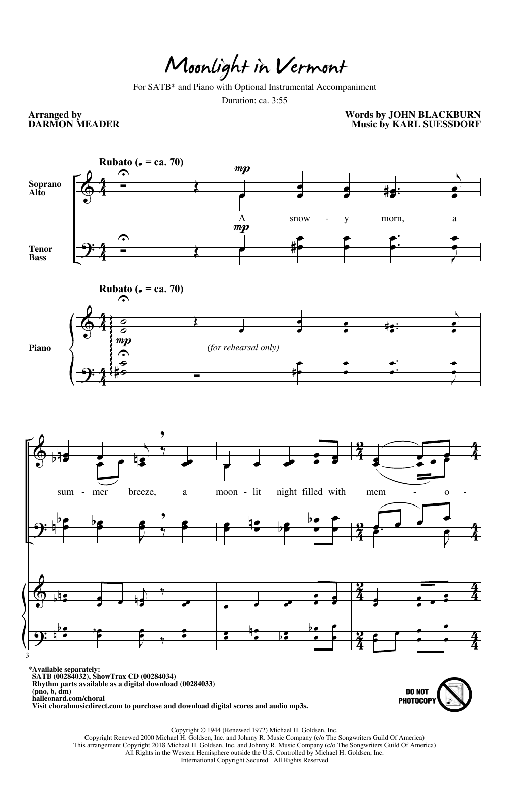 John Blackburn & Karl Suessdorf Moonlight in Vermont (arr. Darmon Meader) sheet music notes and chords. Download Printable PDF.