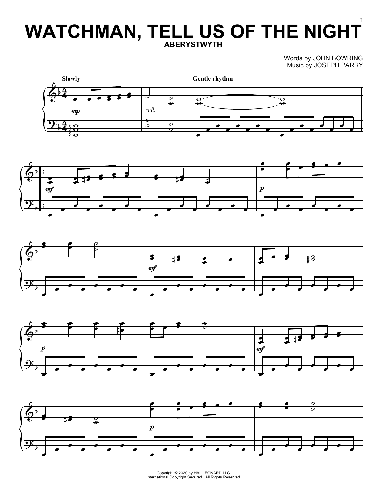 Learn to play John Bowring and Joseph Parry Watchman, Tell Us Of The Night sheet music for Piano Solo in minutes. Price: 7.8900$ John Bowring and Joseph Parry Watchman, Tell Us Of The Night sheet music notes and chords arranged for Piano Solo