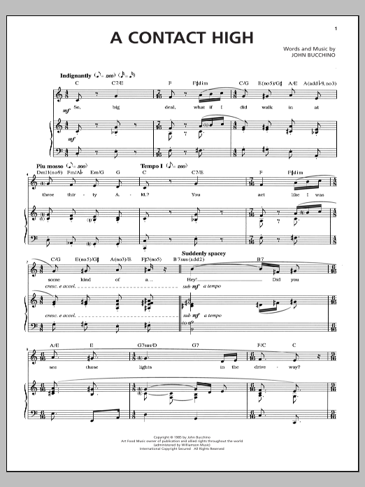 Learn to play John Bucchino A Contact High sheet music for Piano & Vocal in minutes. Price: 6.9900$ John Bucchino A Contact High sheet music notes and chords arranged for Piano & Vocal