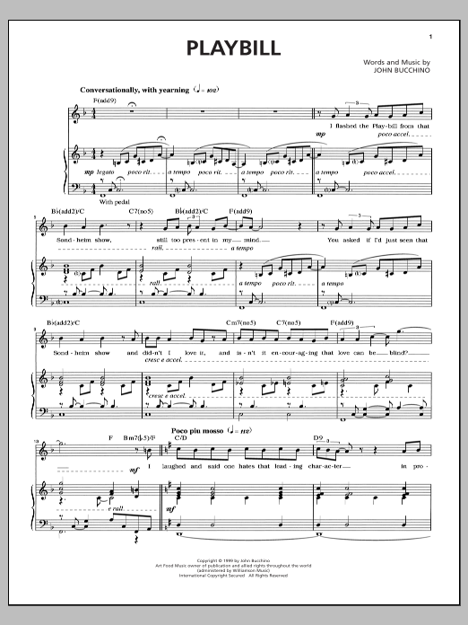 Learn to play John Bucchino Playbill sheet music for Piano & Vocal in minutes. Price: 6.9900$ John Bucchino Playbill sheet music notes and chords arranged for Piano & Vocal