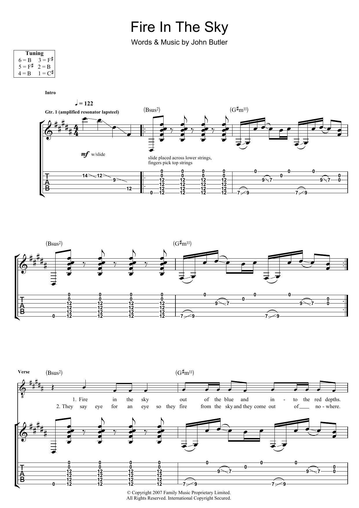 John Butler Fire In The Sky sheet music notes and chords arranged for Guitar Tab