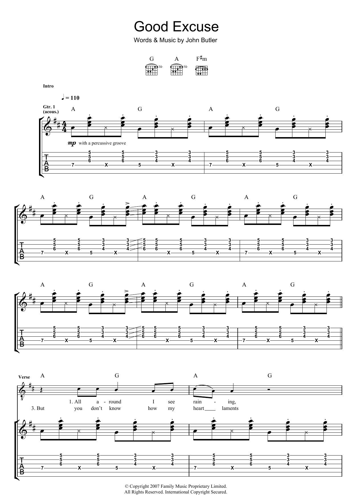 Learn to play John Butler Good Excuse sheet music for Guitar Tab in minutes. Price: 7.8900$ John Butler Good Excuse sheet music notes and chords arranged for Guitar Tab
