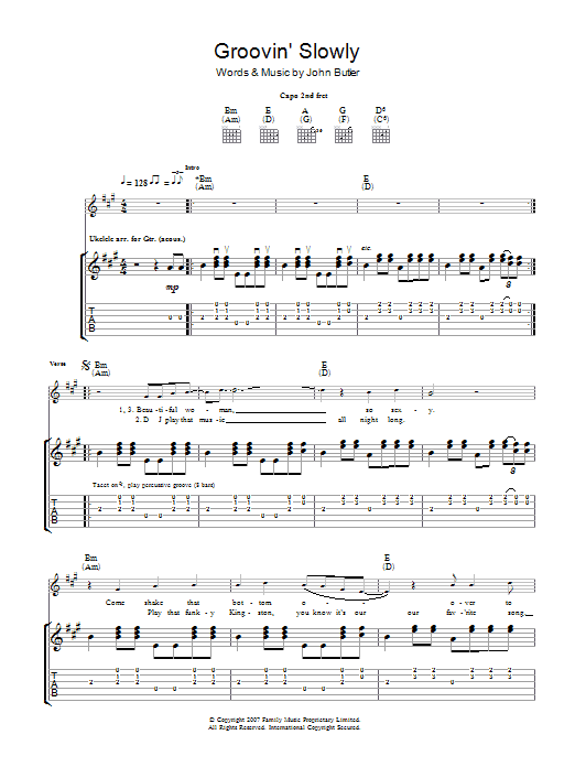Learn to play John Butler Groovin' Slowly sheet music for Guitar Tab in minutes. Price: 7.8900$ John Butler Groovin' Slowly sheet music notes and chords arranged for Guitar Tab