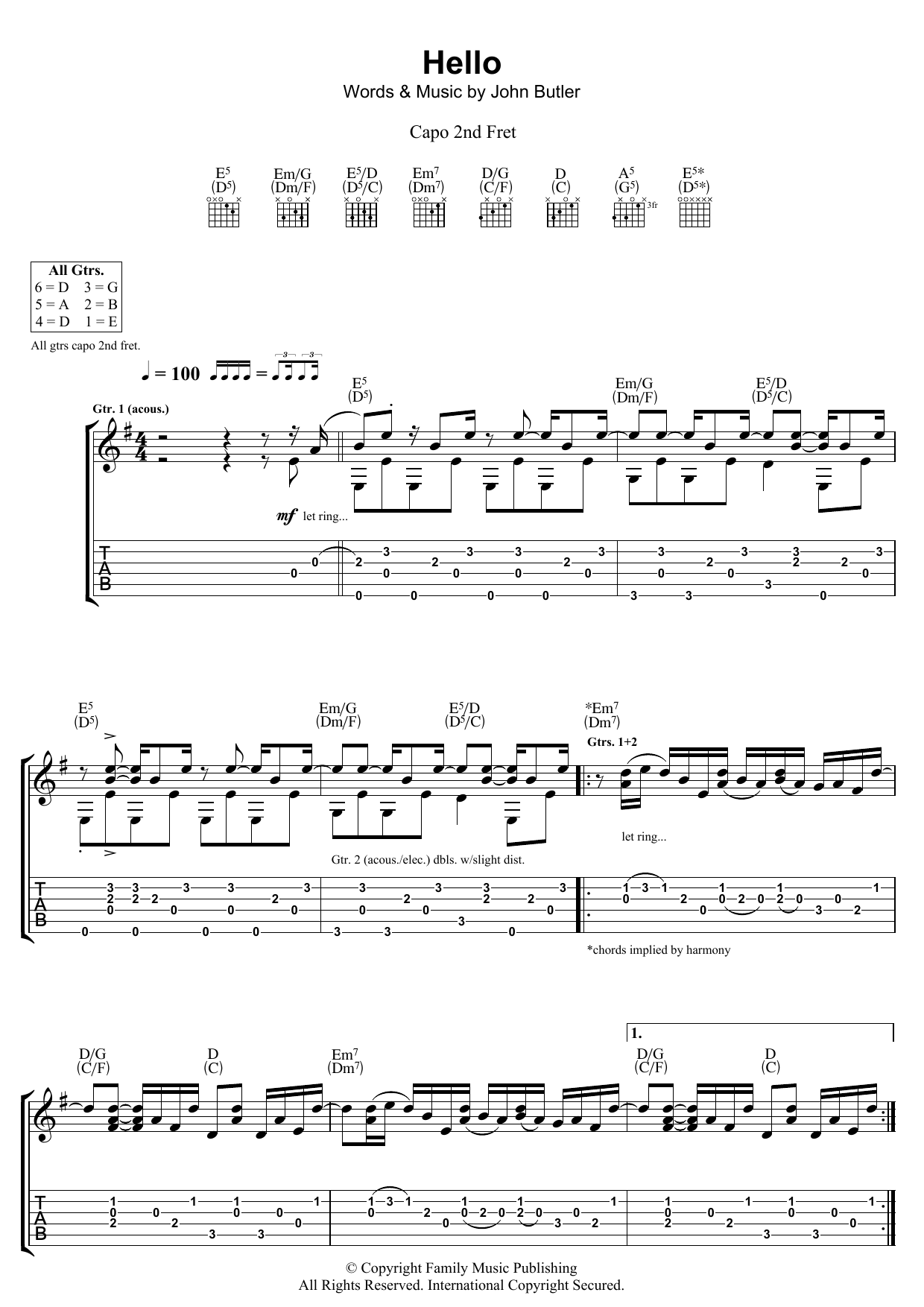 Learn to play John Butler Hello sheet music for Guitar Tab in minutes. Price: 7.8900$ John Butler Hello sheet music notes and chords arranged for Guitar Tab