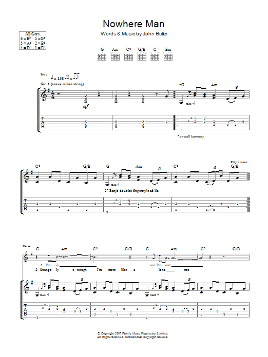 Learn to play John Butler Nowhere Man sheet music for Guitar Tab in minutes. Price: 7.8900$ John Butler Nowhere Man sheet music notes and chords arranged for Guitar Tab