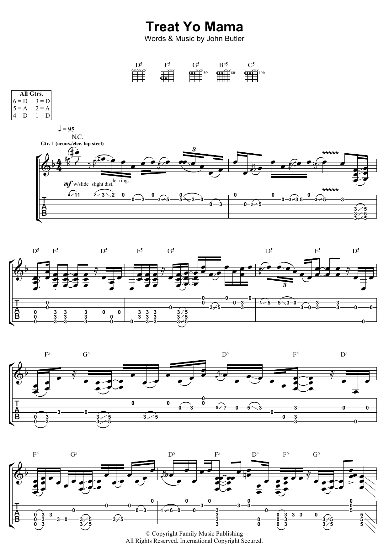 Learn to play John Butler Treat Yo Mama sheet music for Guitar Tab in minutes. Price: 7.8900$ John Butler Treat Yo Mama sheet music notes and chords arranged for Guitar Tab
