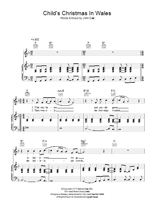 Learn to play John Cale Child's Christmas In Wales sheet music for Piano, Vocal & Guitar Chords in minutes. Price: 7.8900$ John Cale Child's Christmas In Wales sheet music notes and chords arranged for Piano, Vocal & Guitar Chords