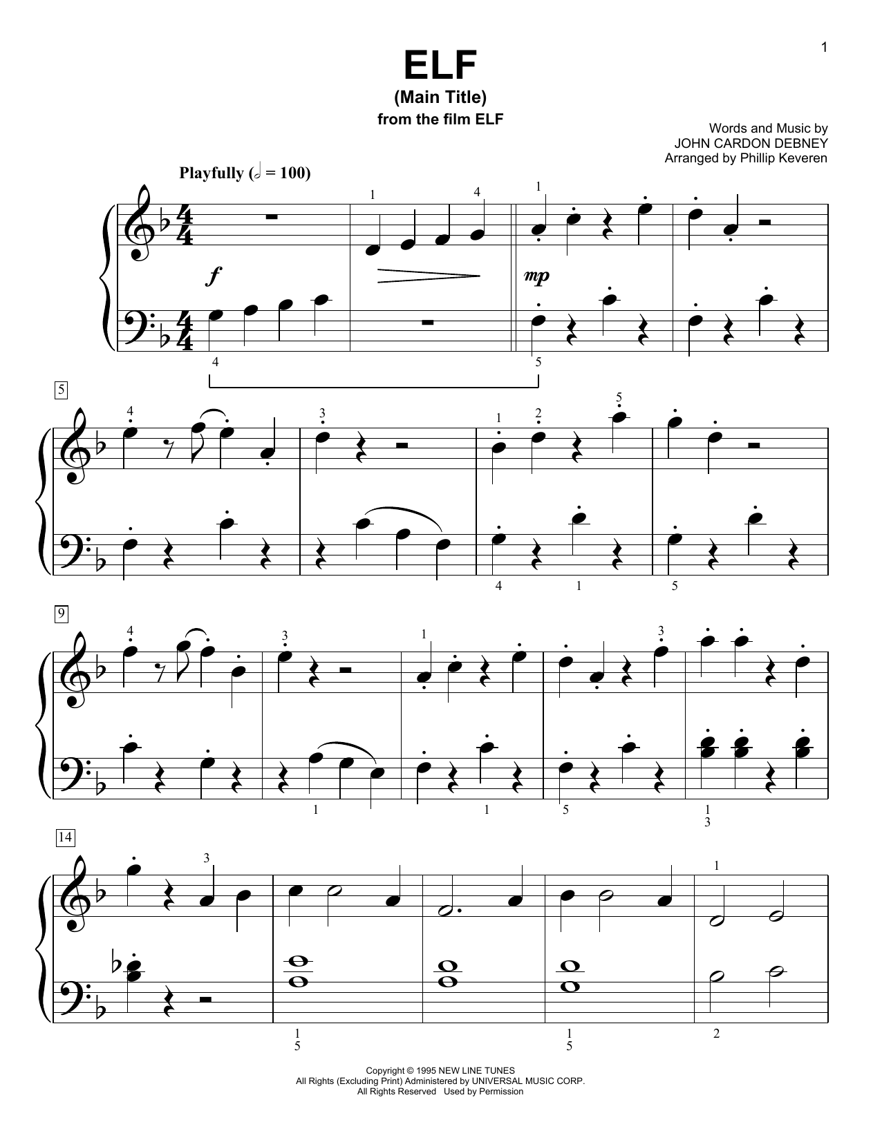 John Cardon Debney Elf (Main Title) sheet music notes and chords. Download Printable PDF.